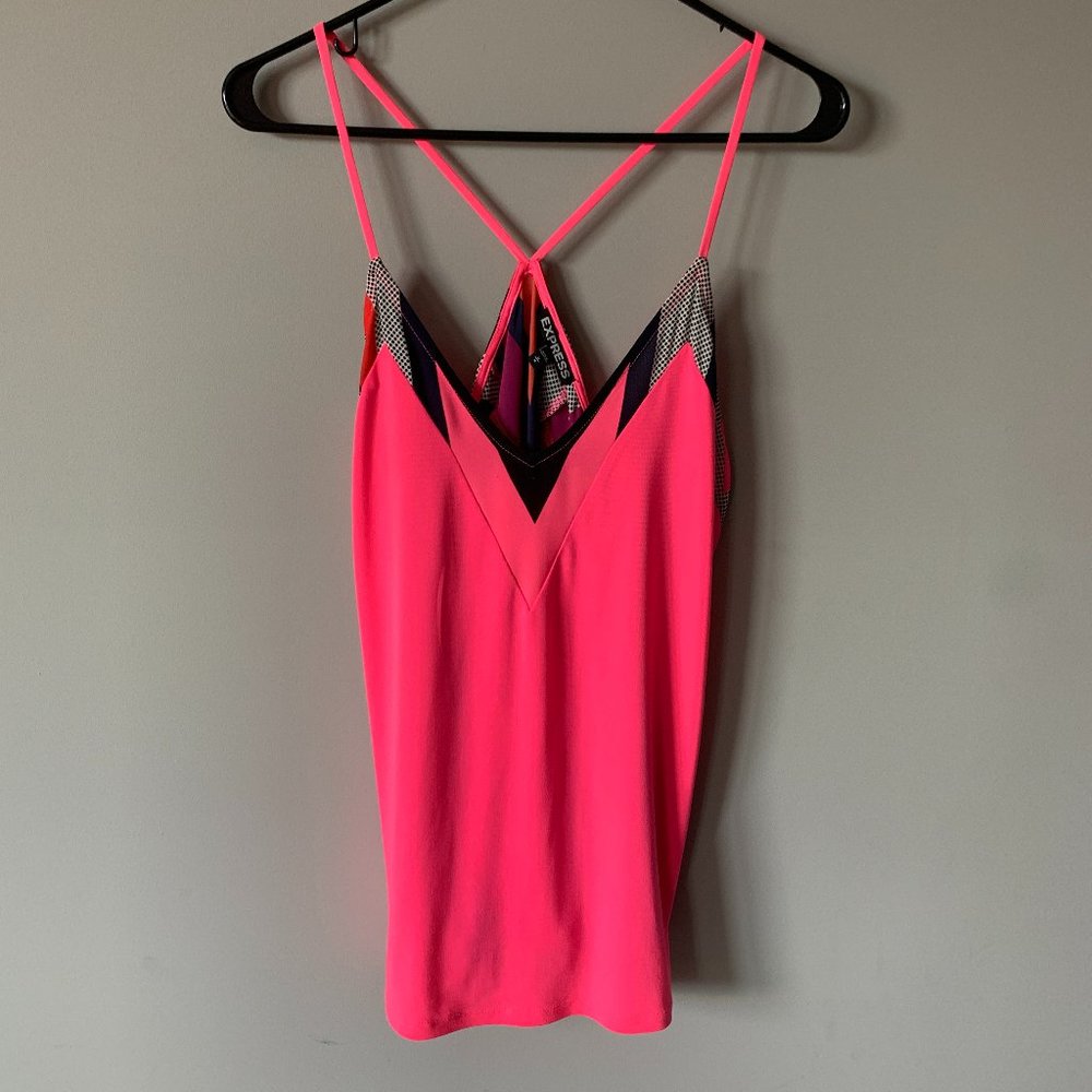 Express Tank Top (skinny straps) - Pink with Blue Geometric Shapes - V-Neck